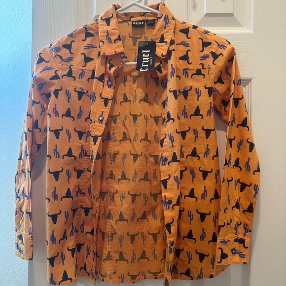 Cruel Girl Other - Cruel Girl Orange Shirt with Blue Cactus and Bull Design